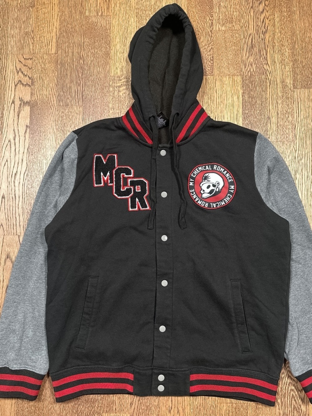 My Chemical Romance Black Parade Fleece Hooded Snap Varsity Jacket Mens Large